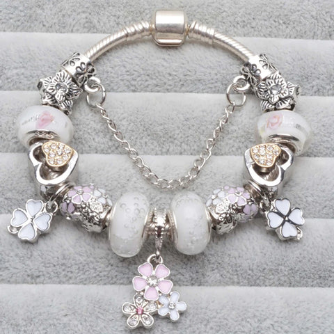 Beautiful White Heart Crystal Flower Charm Bracelets for Women Fashion Jewelry