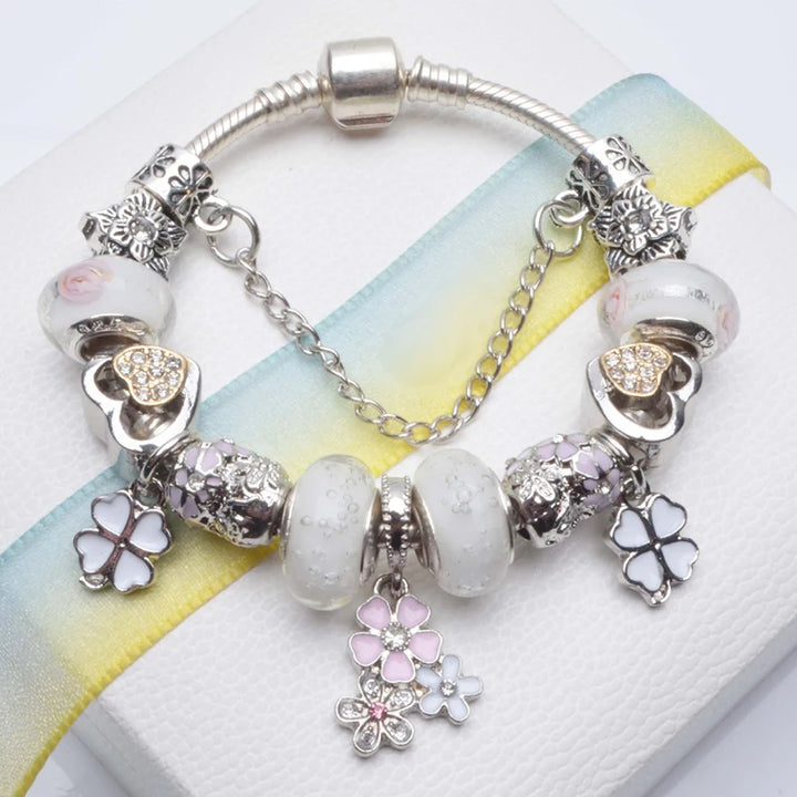 Beautiful White Heart Crystal Flower Charm Bracelets for Women Fashion Jewelry