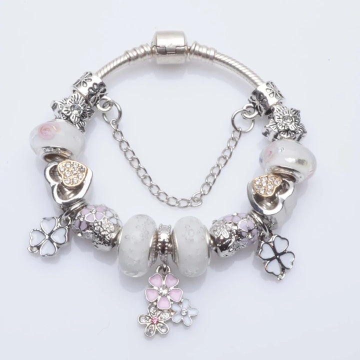 Beautiful White Heart Crystal Flower Charm Bracelets for Women Fashion Jewelry