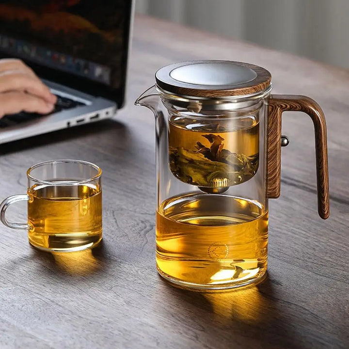 Glass Teapot with Magnetic Tea Separation – One-Click Filter, Wooden Handle & Inner Container