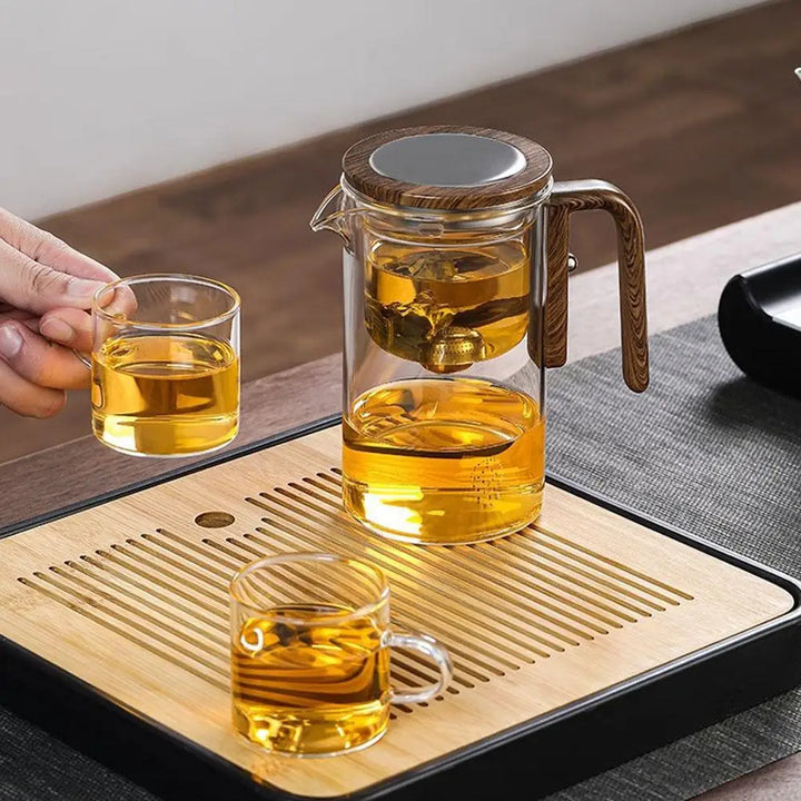 Glass Teapot with Magnetic Tea Separation – One-Click Filter, Wooden Handle & Inner Container