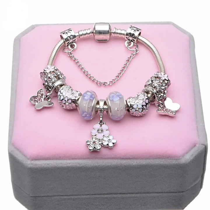Beautiful White Heart Crystal Flower Charm Bracelets for Women Fashion Jewelry