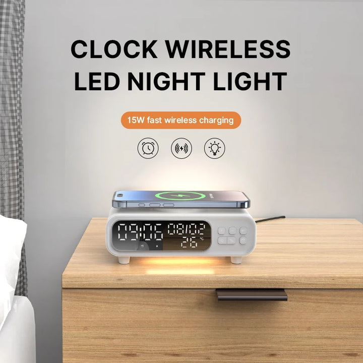 Multifunction Wireless Charger Time Alarm Clock LED Night Light Thermometer Phone Fast Charging Dock Station for iPhone 16 15