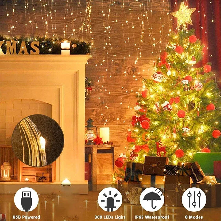 3M LED Curtain String Light Christmas Garland Decoration 8 Modes for Home Garden Xmas Party New Year Wedding
