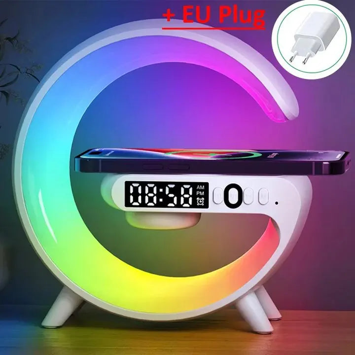 Multifunction RGB Wireless Charger Stand with Alarm Clock & Speaker