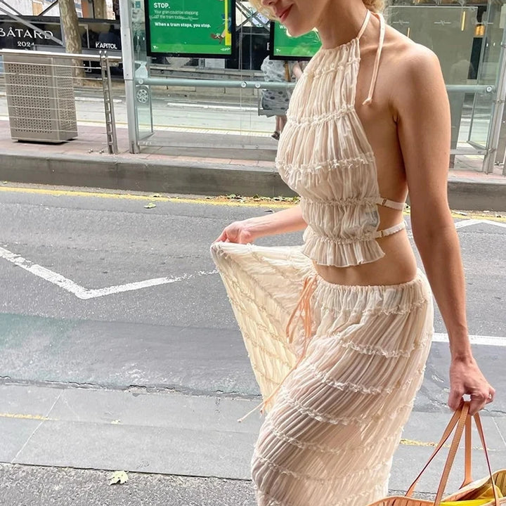 Set with white dress with open back and strapless, short top, long fold-over skirt, women's 2-piece beachwear set