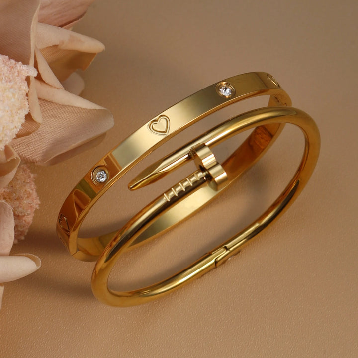 2-in-1 Hot Selling Heart Shaped Zircon Stainless Steel Gold Color Bracelet Ladies Jewelry Wholesale Gift Bangles