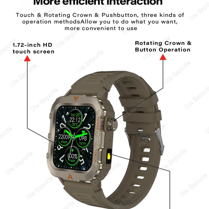 New Smart Watch Men LED Flashlight Blood Pressure Monitoring Multiple Sport Modes Fitness Tracker Outdoor Military HD Smartwatch