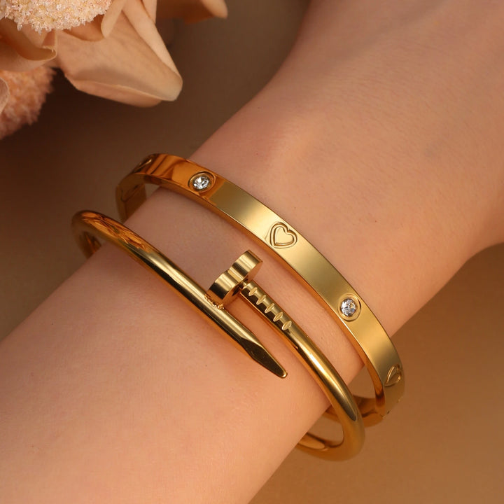 2-in-1 Hot Selling Heart Shaped Zircon Stainless Steel Gold Color Bracelet Ladies Jewelry Wholesale Gift Bangles