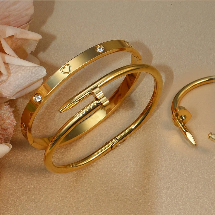 2-in-1 Hot Selling Heart Shaped Zircon Stainless Steel Gold Color Bracelet Ladies Jewelry Wholesale Gift Bangles