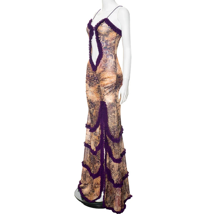 Women Noble Furry Halter Sleeveless Hollow Dress Camisole Shrunk Split Wave Cut Dress Luxury Prom Occasion