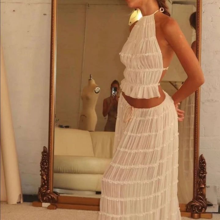 Set with white dress with open back and strapless, short top, long fold-over skirt, women's 2-piece beachwear set