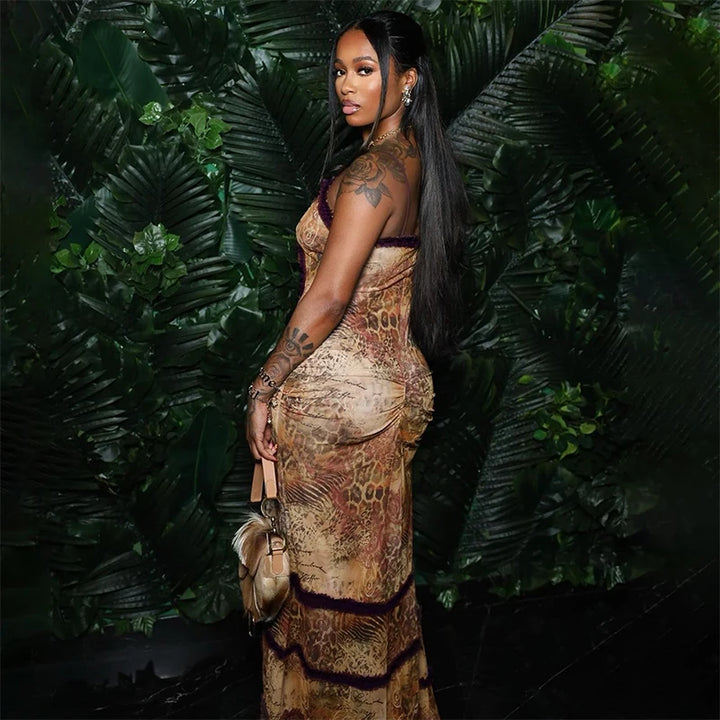 Women Noble Furry Halter Sleeveless Hollow Dress Camisole Shrunk Split Wave Cut Dress Luxury Prom Occasion