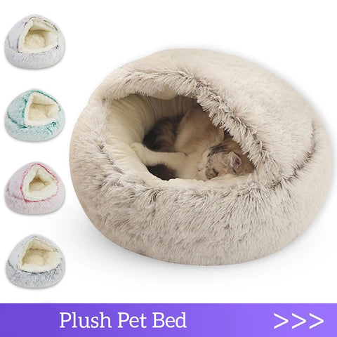 Plush Covered Cat Bed – Warm Round Sleeping Nest for Small Dogs & Kittens