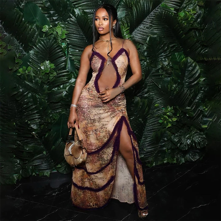 Women Noble Furry Halter Sleeveless Hollow Dress Camisole Shrunk Split Wave Cut Dress Luxury Prom Occasion