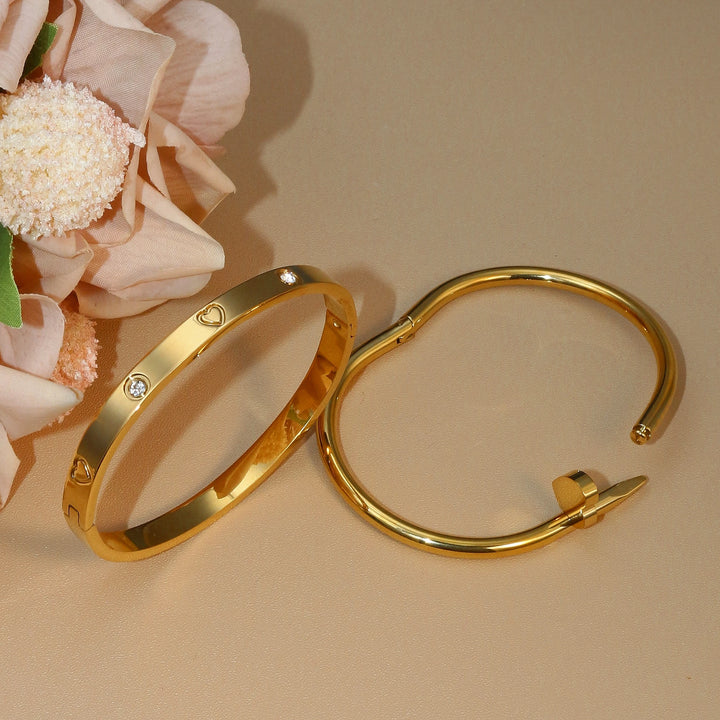 2-in-1 Hot Selling Heart Shaped Zircon Stainless Steel Gold Color Bracelet Ladies Jewelry Wholesale Gift Bangles