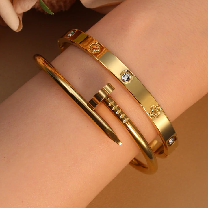 2-in-1 Hot Selling Heart Shaped Zircon Stainless Steel Gold Color Bracelet Ladies Jewelry Wholesale Gift Bangles