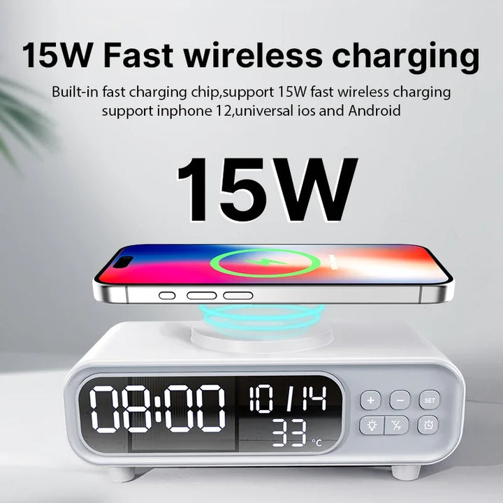 Multifunction Wireless Charger Time Alarm Clock LED Night Light Thermometer Phone Fast Charging Dock Station for iPhone 16 15