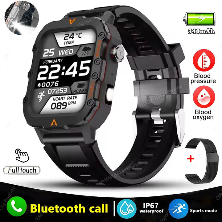 New Smart Watch Men LED Flashlight Blood Pressure Monitoring Multiple Sport Modes Fitness Tracker Outdoor Military HD Smartwatch