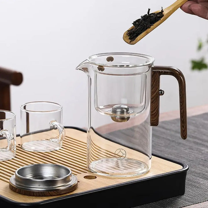Glass Teapot with Magnetic Tea Separation – One-Click Filter, Wooden Handle & Inner Container
