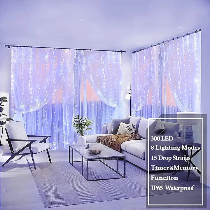 3M LED Curtain String Light Christmas Garland Decoration 8 Modes for Home Garden Xmas Party New Year Wedding