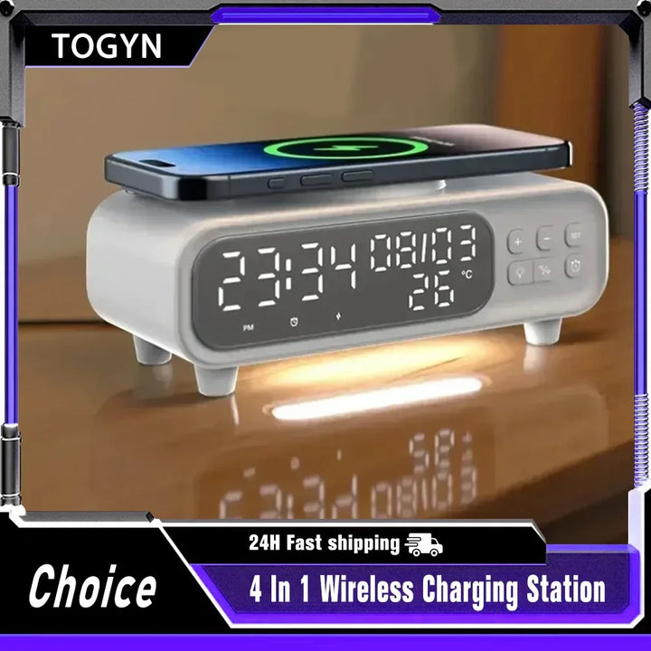 Multifunction Wireless Charger Time Alarm Clock LED Night Light Thermometer Phone Fast Charging Dock Station for iPhone 16 15