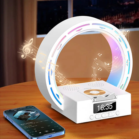 4 in 1 Bluetooth Speaker Support USB Drive TF Card Wireless Charger Dock Bedside Lamp Alarm Clock Wake Up Light