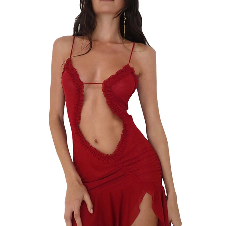 Women Noble Furry Halter Sleeveless Hollow Dress Camisole Shrunk Split Wave Cut Dress Luxury Prom Occasion