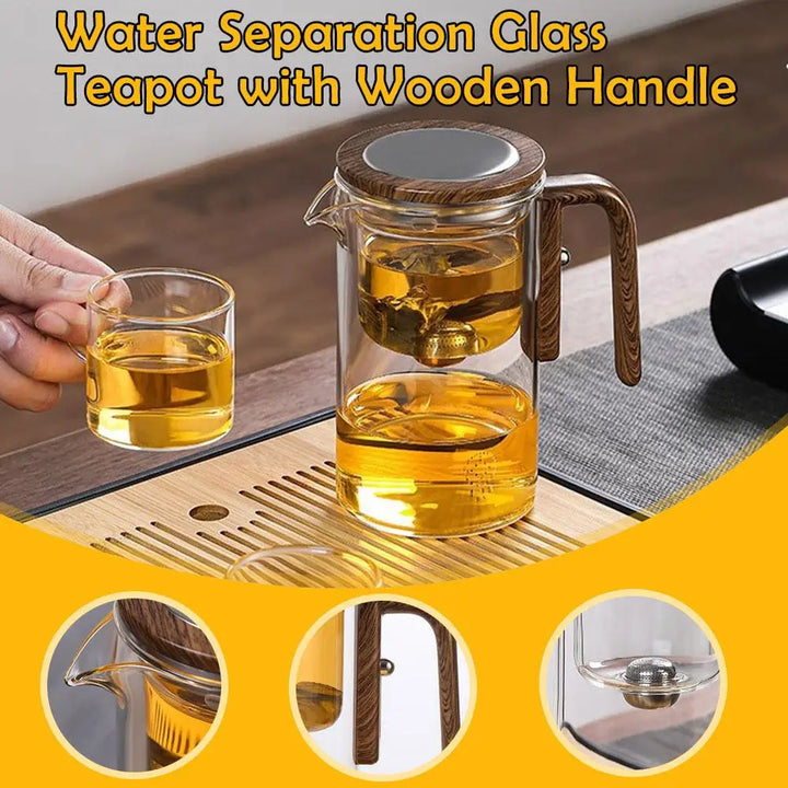 Glass Teapot with Magnetic Tea Separation – One-Click Filter, Wooden Handle & Inner Container