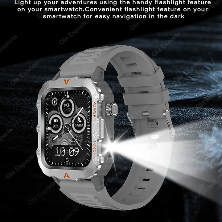 New Smart Watch Men LED Flashlight Blood Pressure Monitoring Multiple Sport Modes Fitness Tracker Outdoor Military HD Smartwatch
