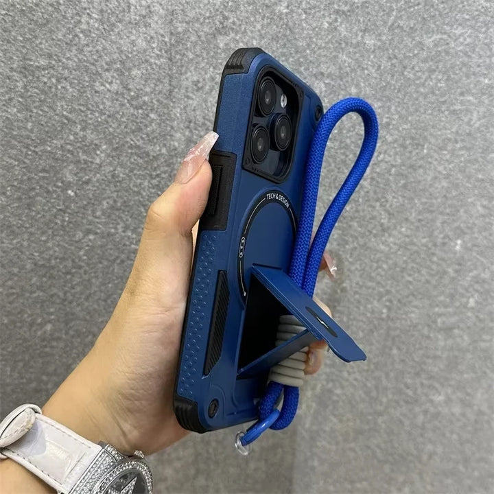 For Magsafe Case For iPhone 17 Air 16 14 13 11 12 15 Pro Max Magnetic Wireless Charging Wrist Strap Hard Cover With Stand Holder