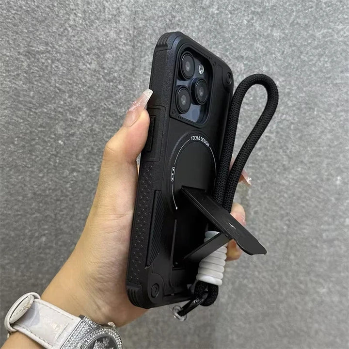 For Magsafe Case For iPhone 17 Air 16 14 13 11 12 15 Pro Max Magnetic Wireless Charging Wrist Strap Hard Cover With Stand Holder