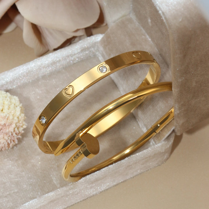 2-in-1 Hot Selling Heart Shaped Zircon Stainless Steel Gold Color Bracelet Ladies Jewelry Wholesale Gift Bangles
