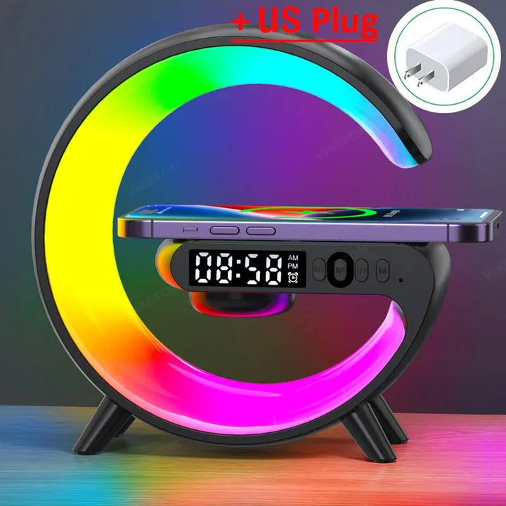 Multifunction RGB Wireless Charger Stand with Alarm Clock & Speaker
