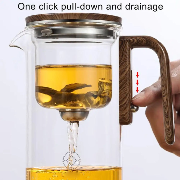 Glass Teapot with Magnetic Tea Separation – One-Click Filter, Wooden Handle & Inner Container