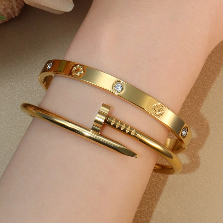 2-in-1 Hot Selling Heart Shaped Zircon Stainless Steel Gold Color Bracelet Ladies Jewelry Wholesale Gift Bangles