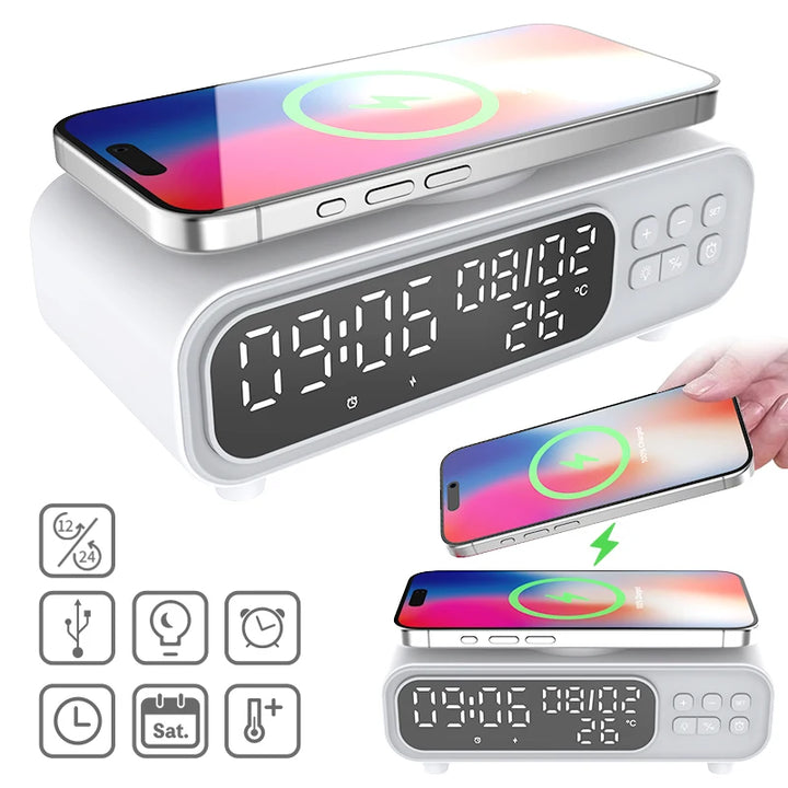 Multifunction Wireless Charger Time Alarm Clock LED Night Light Thermometer Phone Fast Charging Dock Station for iPhone 16 15