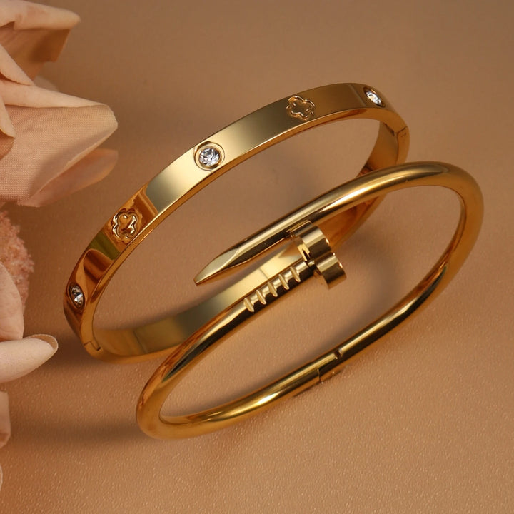 2-in-1 Hot Selling Heart Shaped Zircon Stainless Steel Gold Color Bracelet Ladies Jewelry Wholesale Gift Bangles