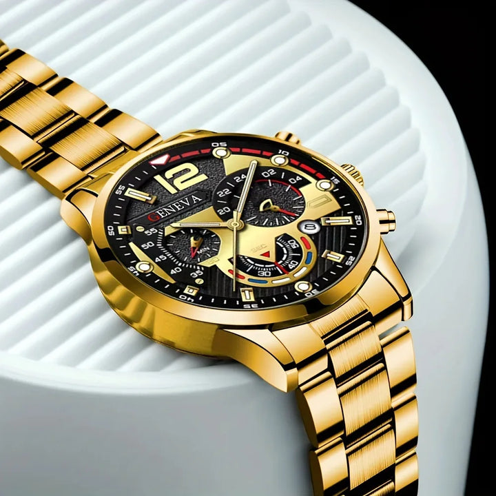 4pcs Luxury Men Business Quartz Watch Gold Alloy Roman with Calendar Wrist Watch Cross Necklace Bracelet Ring Set Men's Gift