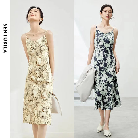 Elegant Print Midi Dress – Slim Fit Sundress for Casual Autumn Looks
