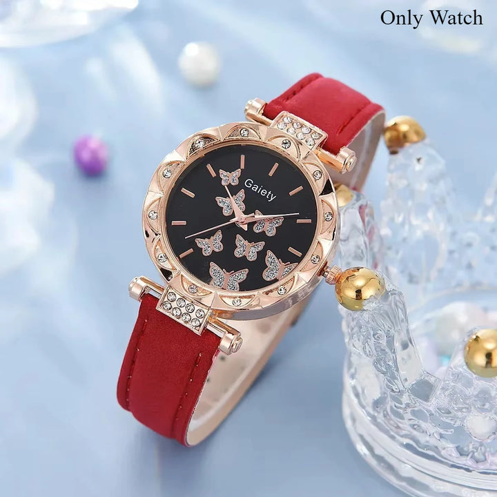 6/1pcs Set Women Watch Ring Necklace Earrings Bracelet Set Watches Butterfly Leather Strap Ladies Quartz WristWatch (No Box)
