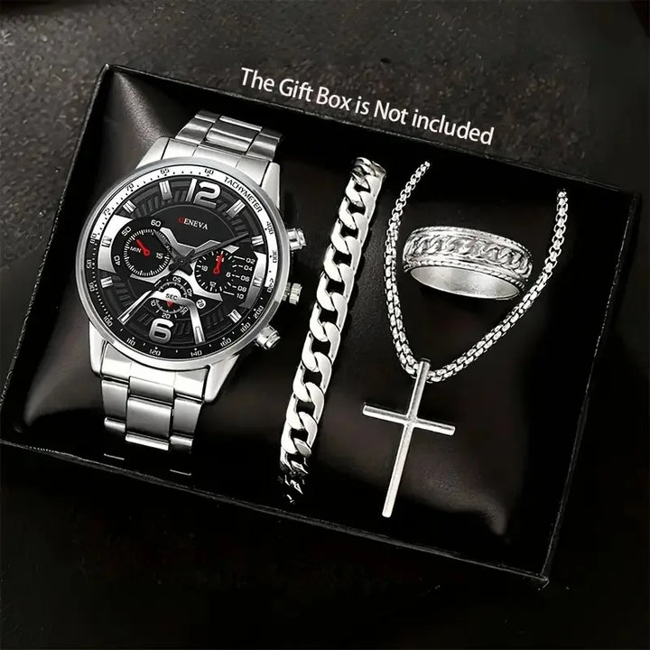 4pcs Luxury Men Business Quartz Watch Gold Alloy Roman with Calendar Wrist Watch Cross Necklace Bracelet Ring Set Men's Gift