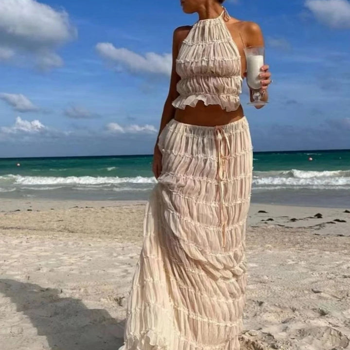 Set with white dress with open back and strapless, short top, long fold-over skirt, women's 2-piece beachwear set