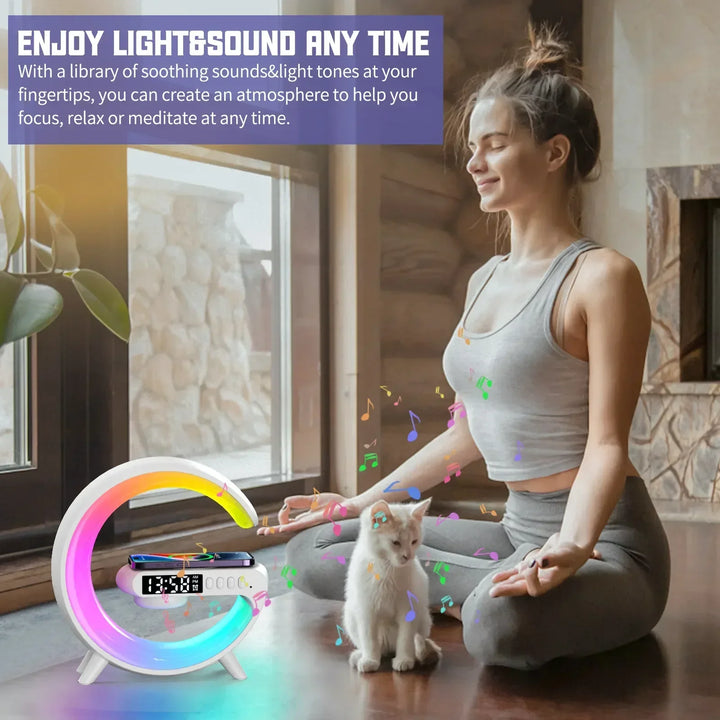 Multifunction RGB Wireless Charger Stand with Alarm Clock & Speaker