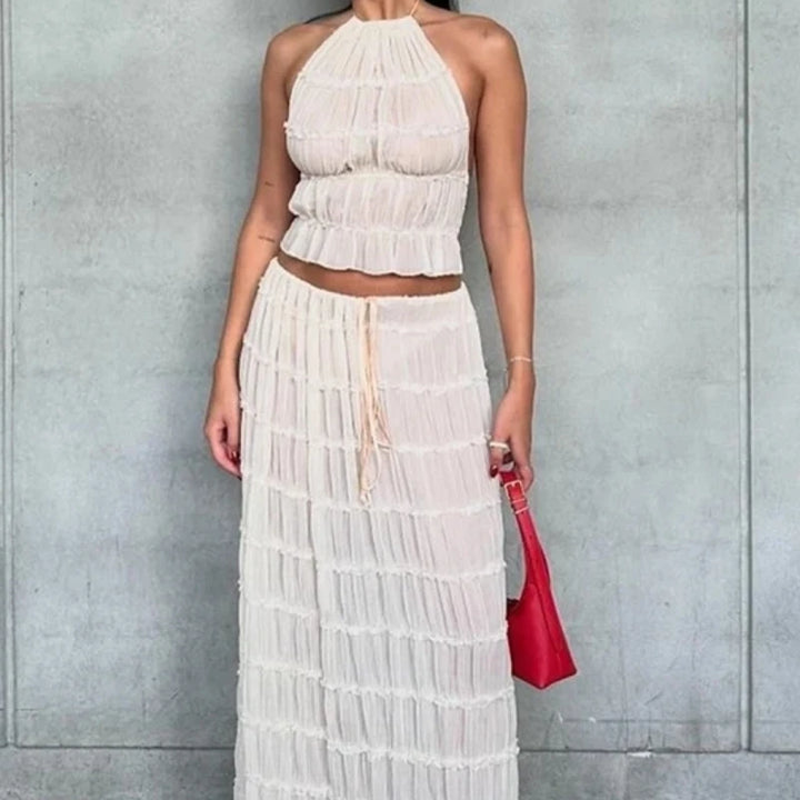 Set with white dress with open back and strapless, short top, long fold-over skirt, women's 2-piece beachwear set