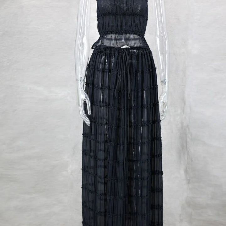 Set with white dress with open back and strapless, short top, long fold-over skirt, women's 2-piece beachwear set