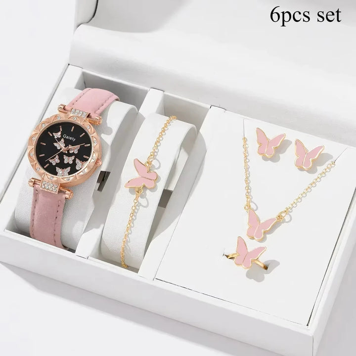 6/1pcs Set Women Watch Ring Necklace Earrings Bracelet Set Watches Butterfly Leather Strap Ladies Quartz WristWatch (No Box)