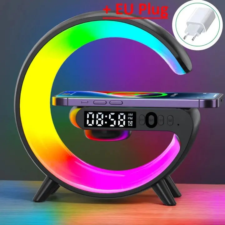 Multifunction RGB Wireless Charger Stand with Alarm Clock & Speaker