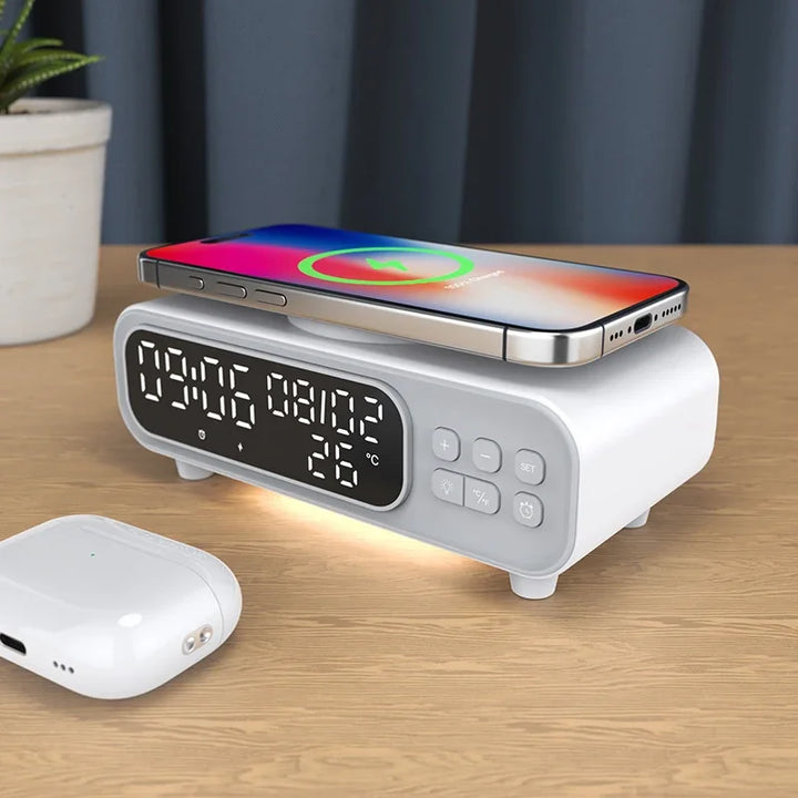 Multifunction Wireless Charger Time Alarm Clock LED Night Light Thermometer Phone Fast Charging Dock Station for iPhone 16 15