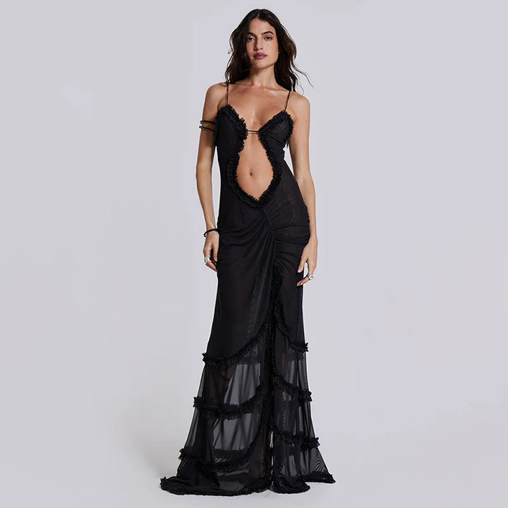 Women Noble Furry Halter Sleeveless Hollow Dress Camisole Shrunk Split Wave Cut Dress Luxury Prom Occasion